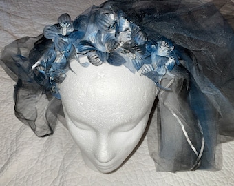 Emily corpse bride wedding VEIL   womens unique Halloween  sheer net flowers painted veil Upcycled recycled