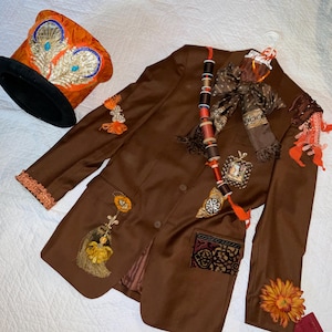 Mad Hatter Mens Costume  mens size S smallfantasy unique burgundy jacket HAT Alice in Wonderland storybook hand painted Upcycled