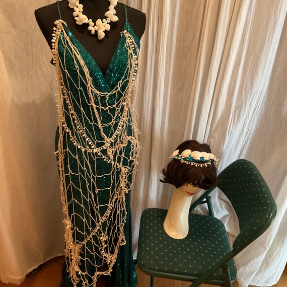 Upcycled Mermaid Costume Dress: Green Sequin Gown, Shell Crown, Necklace (Size 10-12)