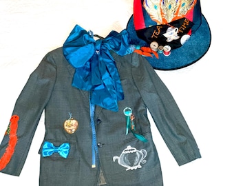 Upcycled Mad Hatter Costume: Plaid Jacket, Top Hat, Alice in Wonderland