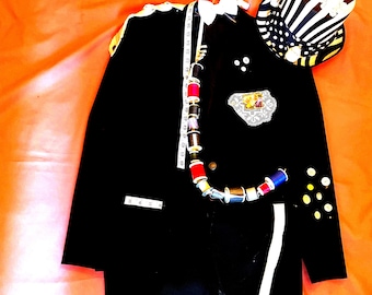 Upcycled Mad Hatter Costume: Black Jacket with trim, Stripe Hat, Spool Bandolier (Mens L) Alice in wonderland tea party