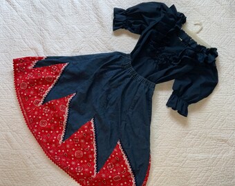 Prairie western costume women 6 denim skirt navy top outfit pioneer red bandanna patchwork