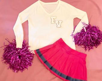Zombie Cheerleader Costume: Pink Skirt, White Sweater, Pom Poms - Size M/L