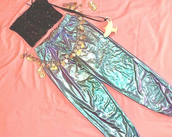 Aladdin Harem Costume: Sequin Tube Top, Shiny Blue Pants, Coin Belt - Women’s M