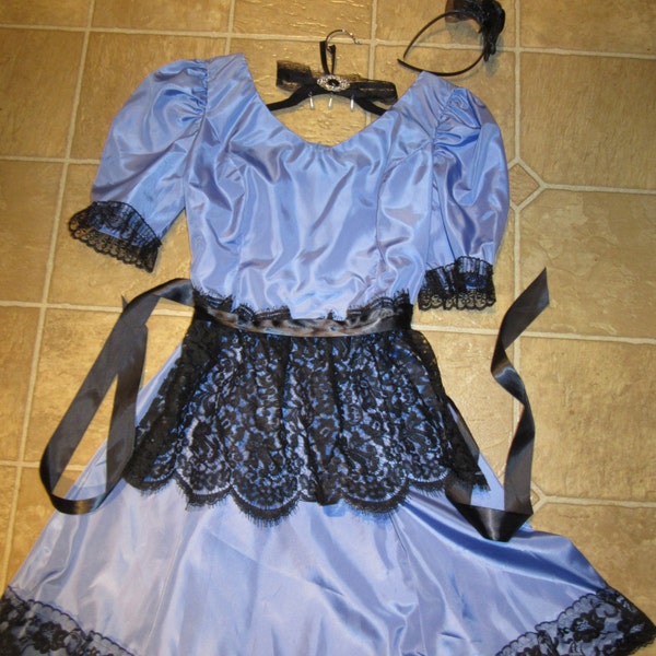 HALLOWEEN Costume BLACK Alice in Wonderland blue taffeta dress black apron accessories included womens size 10 one of a kind recycled