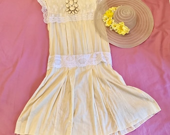 20's (‘Teens) vintage 80s McClintoch GATSBY flapper yellow batiste day DRESS hat women’s size 10 12 garden party stage Millie Downton Abbey