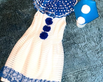 Halloween costume CLOWN circus carnival dress womans size 8 ? freak show babydoll original unique blue white dot ruff hat