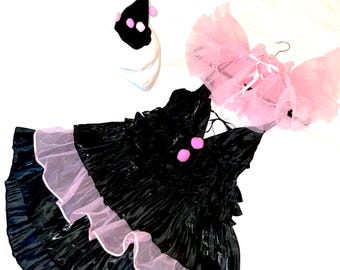 Clown Costume Dress: Recycled Babydoll, Ruffle Collar, Pom Poms - Size L