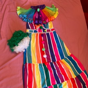 Halloween costume CLOWN circus carnival dress womans size XL freak show original unique rainbow dress and ruff wig incl.