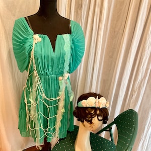 Mermaid SEA NYMPH dress womens size 8? one of a kind recycled Halloween costume medium green pleted chiffon dress fantasy  ocean Goddess