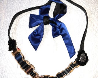 Mad Hatter Costume Accessories: Wooden Spool Bandolier, Blue Scarf Bow Tie