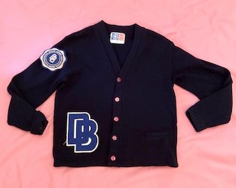 Vintage cardigan letter  sweater dark navy 40 c mens Halloween costume “DB” added
