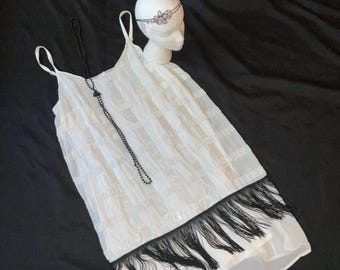 1920's  flapper Halloween COSTUME white beaded dress womens size 14 Gatsby Chicago fringe upcycled