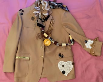 Mad Hatter Mens Costume  mens size 48 R fantasy unique vintage tan jacket embellished Alice in Wonderland storybook  Upcycled