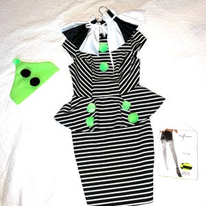 Beetlejuice clown Costume dress womens size S 6 ?? unique Halloween gothic dress black white stripe peplum lime creepy circus