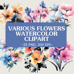 Aquarela Várias Flores Clipart, 25 Floral PNG, PNG Digital de Alta Qualidade, Diário de Lixo Papel Escola Artesanato