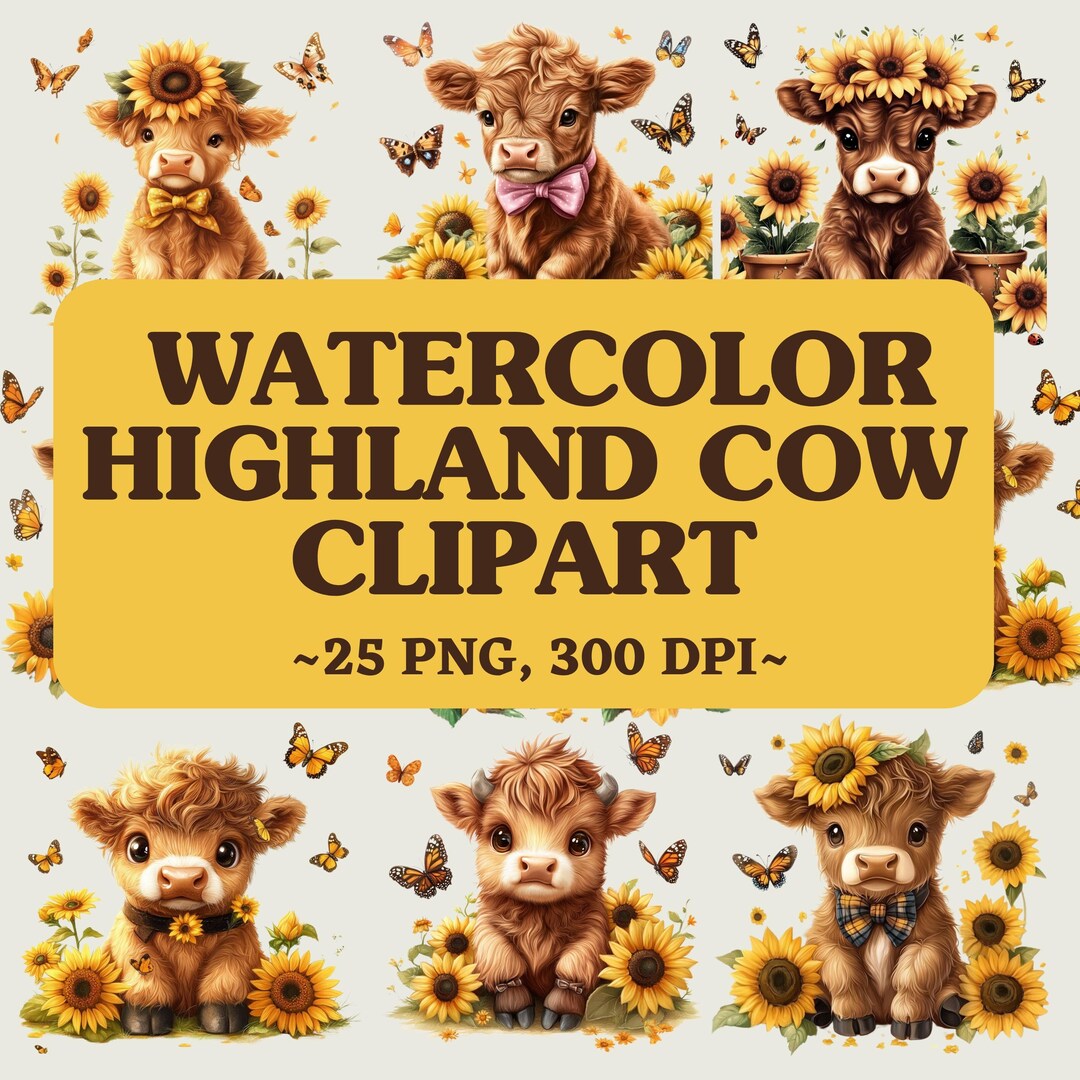 25 Highland Calf Clipart Bundle, Sunflower Highland Cow PNG, Baby Cow ...
