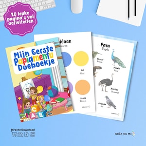 Pode incluir: Uma pilha de livros de atividades infantis com ilustrações coloridas e texto. A capa do primeiro livro diz "Mijn Gerste Papiamentu Doeboekje". Outras páginas mostram amostras de cores e ilustrações de pássaros. O texto "Directe Download" também é visível.