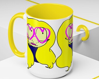 Cartoon Coffee Mug with Heart Glasses: Quirky Drinkware Gift