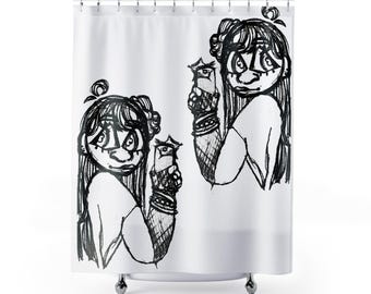 Illustrated Girl Polyester Shower Curtain: Unique Bathroom Decor