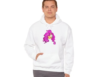 May include: White hooded sweatshirt with a front pocket and a cartoon graphic of a face with pink hair. The graphic has a yellow face, a pink bun, and long, curly pink hair.