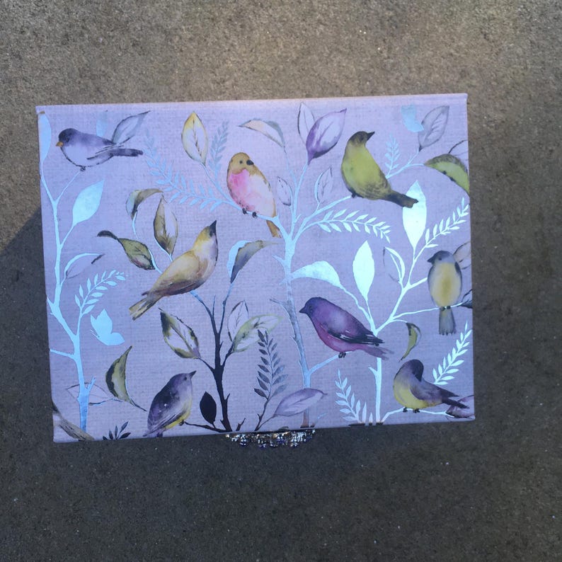 A rectangular silver foil gift box with a light background and a pattern of colorful birds perched on silver-colored branches. The birds are various colors, including yellow, purple, and pink. The box has a silver-colored brooch clasp.