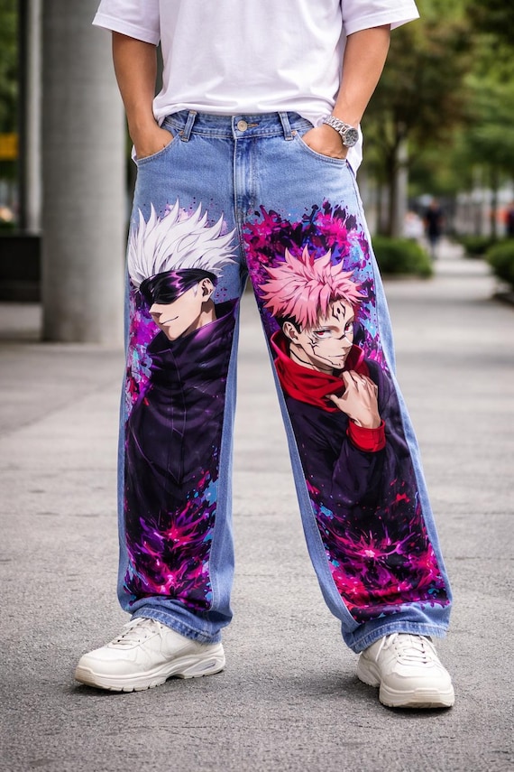 Hand Painted Anime Jeans – Jujutsu Inspired Streetwear Denim Pants – Unisex Otaku Clothing