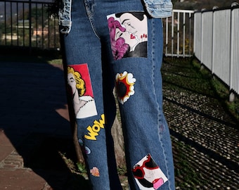 Jeans dipinti a mano - Denim artistico indossabile, pantaloni pop art unici, abbigliamento dipinto su misura