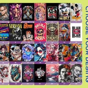 May include: A collection of colorful graphic art prints featuring various themes. The designs include portraits of musicians, cartoon characters, and illustrations with text. The prints are arranged in a grid, with the words "CHOOSE YOUR DESIGN" on the right side.