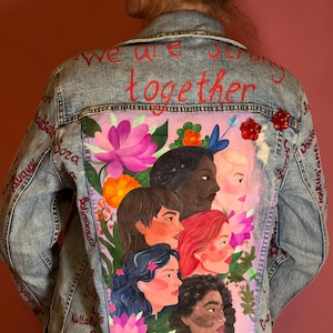 Hand-Painted Denim Jacket – Feminine Empowerment Art – Custom Painted Jacket – Wearable Art – One of a Kind – Strong Together Theme