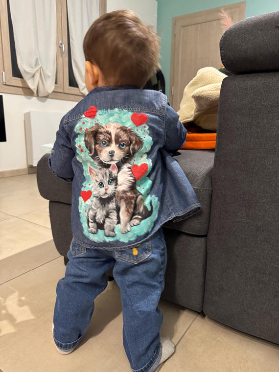 Hand-painted Kids Denim Jacket – Custom Animal Design, Puppy