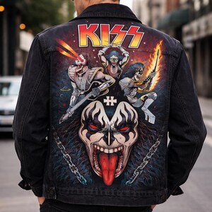 May include: Black denim jacket featuring a colorful graphic of the rock band KISS on the back. The artwork includes the band's logo, band members, and a demonic face with a long red tongue. The jacket is worn by a person.