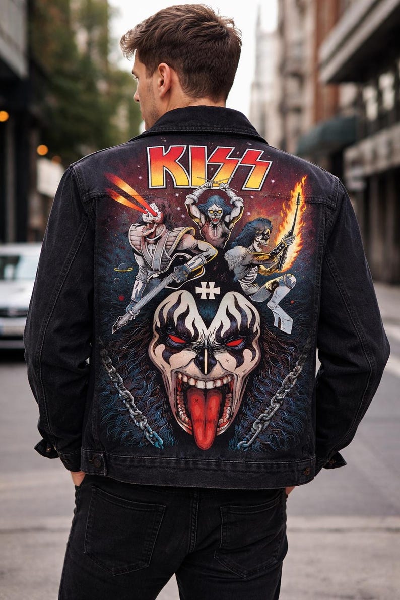 May include: Black denim jacket featuring a colorful graphic of the rock band KISS on the back. The artwork includes the band's logo, band members, and a demonic face with a long red tongue. The jacket is worn by a person.