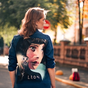 Hand-Painted LEON Denim Jacket – Custom Movie Art Jacket, Wearable Portrait Painting, Film-Inspired Streetwear
