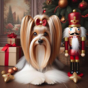 May include: A small, white and brown dog with long, fluffy hair is sitting in front of a Christmas tree. The dog is wearing a red bow and is looking at the camera. A nutcracker doll is standing behind the dog.