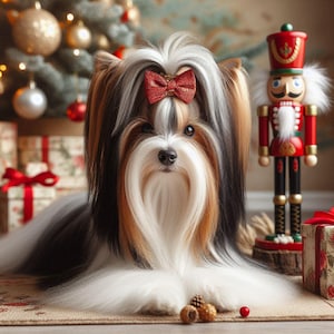 May include: A small, black, brown, and white dog with a red bow on its head is sitting in front of a Christmas tree and a nutcracker. The dog is looking at the camera.