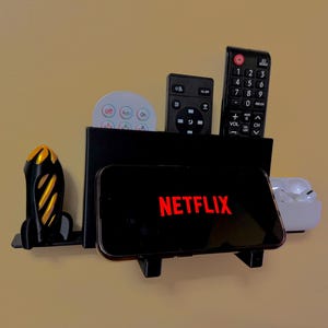 All-in-One Remote Holder with Side Shelves & Accessory Holder | Wall-Mounted Organizer (Velcro Command Strip Included)
