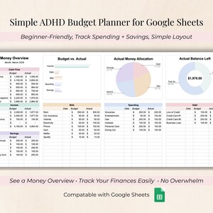 May include: A digital budget planner for Google Sheets with a simple layout. The planner includes sections for money overview, budget vs. actual, and expense tracking. Text on the image reads: "Simple ADHD Budget Planner for Google Sheets."