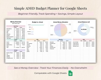 ADHD Budget Planner Google Sheets, Simple Monthly Budget Template, Neurodivergent Friendly, Beginner Finance, Easy Money Tracker
