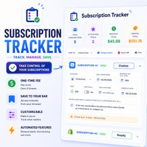 May include: A digital subscription tracker interface featuring a dashboard with summary metrics, a list of active subscriptions including Chatbot and Shopify, and a sidebar detailing features like one-time fees, browser access, and automated alerts.