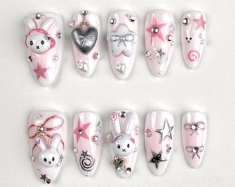 Kawaii Bunny Press On Nails, Hand Painted Press On Nails, Cute 3D Nail Art with Glitter, Pearls and Bows Nails, Pink press on, Gift for her