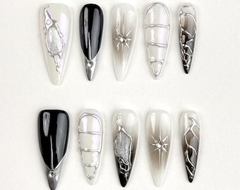 Uñas postizas blancas y negras / Uñas modernas / Uñas minimalistas / Uñas cromadas plateadas / Uñas degradadas / Uñas góticas / Uñas únicas / Uñas largas de aguja