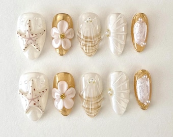White Gold Press on Nails/Seashell Nails/Starfish Nails/Short Almond Daily Nails/Beach Nails/Shell Pattern Nails/3D Nails