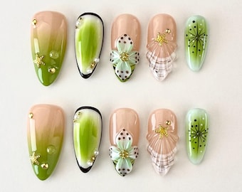 Uñas postizas con efecto degradado tropical verde / Uñas con tallado 3D / Uñas de lunares / Uñas francesas con efecto concha / Uñas almendradas / Uñas para fiestas de verano
