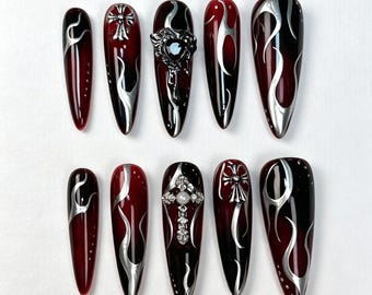 Black Red With Silver Chrome Press On Nails, Long Almond Press On Nails, Hand Painted Fake Nails, Goth, Gothic, Y2K Nails, Aura Nails