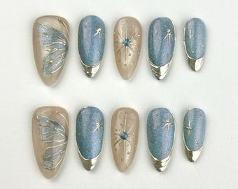 Blue Mystical Press on Nails/Butterfly Nails/Blue Shiny Nails/Glitter Nails/French Nails/Holiday Party Nails/Mother's Day Gift