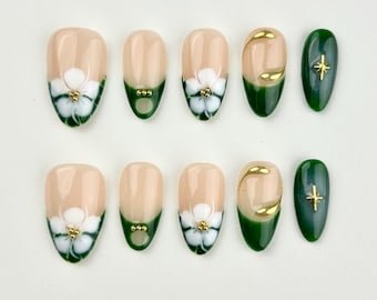 Gröna French Press-naglar/Trädgårdsnaglar/Ombreblommanaglar/Guldfärgade naglar/Enkla naglar/Korta mandelfärgade vardagsnaglar/Vår- och sommarnaglar