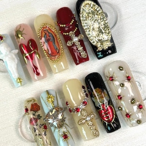 Cross with Angel Design Press On Nails Custom Handpainted Chrome Aurora Virgin Mary Long Stiletto Nails Christmas Birthday Vacation Holiday