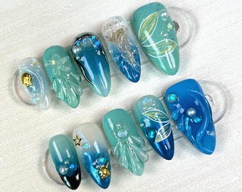 Ocean Bloom Nails, 3D Jellyfish Starfish Shell Nails, Blue-Green Underwater Fantasy Nails, Handmade Jelly Nails, Customized Beach Nails