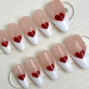 White French Heart Press on Nails Long Almond Nails/White French Nails/Elegant Nail/Birthday nails/Wedding Nails/Daily Nails/Minimalist Nail